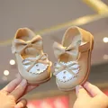 Elegant beige Mary Jane shoes for girls featuring a large bow and heart cut-outs - 16 / Beige