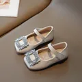 Girls beige patent leather Mary Jane shoes with luxury rhinestone square buckle detail - 34 / Off White