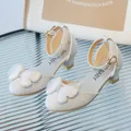 Silver sparkly Mary Jane shoes for girls with rhinestones and a delicate mesh bow - 26 / Silver
