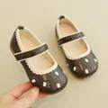 Girls dark brown Mary Jane shoes with floral embroidery and soft non-slip soles - Size 21 (13.5cm) / Dark Brown