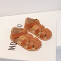 Brown faux leather children's closed-toe sandals with adjustable hook-and-loop strap - 16 / Yellow