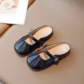 Girls' black leather Mary Jane mule slippers with pleated toe and gold buckle detail - EU 26 / Black