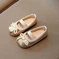 Sparkling gold sequin Mary Jane shoes for girls with white bow and elastic strap - EU 21 / Gold