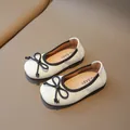 Toddler girl bow princess flat shoes in beige leather with dark grey knit trim detail - EU 21 / Beige