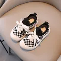 Kids checkered slip-on sneakers with black and white pattern and thick white soles - 27 / Plaid