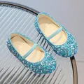 Sparkling light blue sequin Mary Jane flats for girls with elastic strap and soft sole - Size 21 / Blue