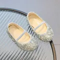 Girls' shiny silver sequin Mary Jane flats with elastic strap and soft sole - Size 21 / Silver