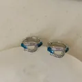 Detailed macro of horseshoe buckle earrings with blue enamel and sparkling cubic zirconia - Blue