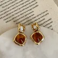 Irregular amber resin and pearl drop earrings in vintage gold geometric style - Amber Gold (925 Silver Post)