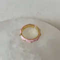 Detailed close-up of adjustable pink enamel flower ring with sparkling rhinestones - Pink Epoxy Rhinestone Style (Style 2 Ring)