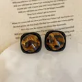 Retro leopard print resin stud earrings with black square frame for elegant women - 925 Silver Earring Post / Style 5 Square Black Frame Leopard