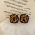 Macro shot of retro leopard print resin stud earrings on vintage paper background - 925 Silver Earring Post / Style 7 Dark Red Rounded Square Leopard