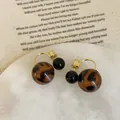 Detail of vintage double bead earrings with leopard resin and polished gold metal - 925 Silver Earring Post / Style 8 Double Bead Gold Bar Leopard