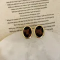 Detailed macro view of vintage leopard resin earrings with a polished gold metal frame - 925 Silver Earring Post / Style 11 Gold Oval Frame Leopard