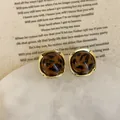 Macro detail of leopard resin earrings with irregular gold frames on marble texture - 925 Silver Earring Post / Style 13 Irregular Gold Frame Leopard