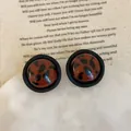 Vintage round leopard resin stud earrings in reddish brown and matte black finish - 925 Silver Earring Post / Style 3 Black Frame Reddish Brown Leopard