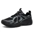 Men's breathable black mesh athletic running shoes with thick sole and grey geometric lines - EU 38 / Black
