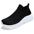 Slip-on black knitted sports shoes with white cushioned sole for men and women - 36 / Black and White