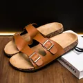 Brown dual-strap cork sandals with adjustable buckles and synthetic leather finish - EU 36 / Brown