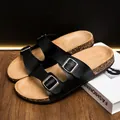 Neutral black double-strap cork slide sandals with adjustable silver buckles and suede bed - EU 36 / Black