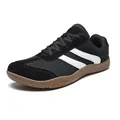 Retro black casual sneaker with white stripes and brown gum sole in 3/4 view - EU 39 / Black