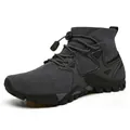 Detail of breathable mesh upper and quick-lace system on dark grey hiking shoes - 36 / Dark Gray