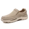 Khaki men's slip-on canvas loafers with classic logo and thick anti-slip sole - EU 39 / Khaki