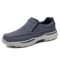Classic navy blue denim canvas loafers for men featuring white soles and moccasin stitching - EU 39 / Blue