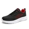 Men's black leather sports sneakers with red streamlined stripes and white thick soles - 38 / Black Red