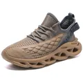 Men's khaki and grey lightweight running sneakers with hollowed blade cushioning soles - EU 39 / Khaki