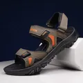 Olive green men's outdoor beach sandals with orange mesh detail and velcro straps - 44 / Green