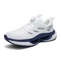 Men's breathable mesh running shoes with rotation buckle and cushioned sole in white - White
