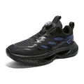 Men's breathable mesh running shoes in black and blue with quick rotary buckle closure - Black