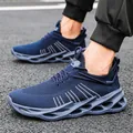 Dark blue breathable mesh sneakers featuring a stylish hollow blade sole for men - Blue