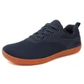 Dark blue breathable mesh walking shoes with orange rubber sole and lace-up closure - Dark Blue