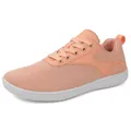 Women's wide knit barefoot sneakers in peach pink featuring breathable mesh and flat white sole - Pink