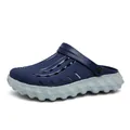 Men's navy blue platform clogs with thick gray sole and adjustable heel strap for beach wear - EU 40 / Navy Blue and Gray