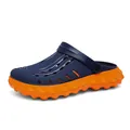 Thick-soled navy blue and orange EVA garden clogs with non-slip wavy soles and heel strap - EU 40 / Navy Blue and Orange