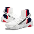 White high-top knitted sock sneaker with bold red and blue accents and chunky sole - EU 39 / White Blue