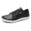 Minimalist navy blue synthetic leather casual sneakers with white rubber sole in side view - EU 37 / Blue