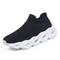 Men's black knitted slip-on sneakers with white wavy thick sole for casual sports wear - EU 35 / Black and White