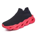 Men's breathable black mesh slip-on sneakers with bold red shock-absorbing sole - EU 35 / Black Red
