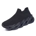 Men's black slip-on sneakers with breathable knit upper and wavy hollow shock soles - EU 35 / All Black