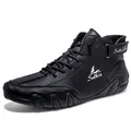 Black high-top leather boots with octopus stitching and Velcro strap by Salkin - 36 / Black
