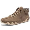 Men's high-top leather boots in khaki with velcro strap and wave-shaped rubber sole - 36 / Khaki