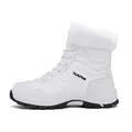 Close-up of white waterproof snow boots with fluffy faux fur collar and anti-slip rubber sole - 37 / White