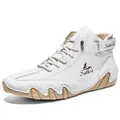 White leather high-top sneakers with octopus stitch soles and ankle velcro straps - White