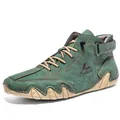 Dark green leather high-top outdoor casual shoes with octopus stitch and rubber sole - Green