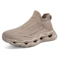 Breathable khaki knitted slip-on sock sneakers with chunky cushioned hollow out soles - 35 / Khaki