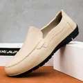 Mens beige slip-on loafers in textured leather with thick black rubber soles - EU 39 / Khaki